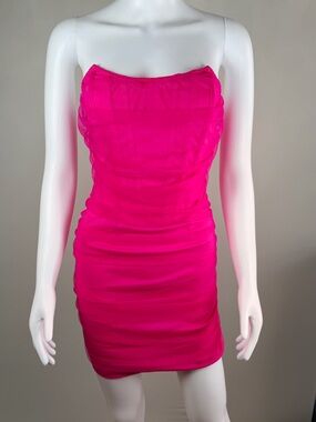 PrettyLittleThing Shape Hot Pink Mesh Corset Ruched Bodycon Dress US 10